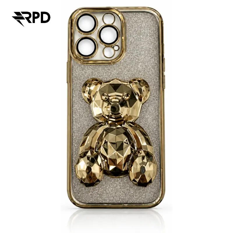 iPhone 14 Pro - Bling Diamond Teddy Case mit LInsenschutz - Champagne Gold