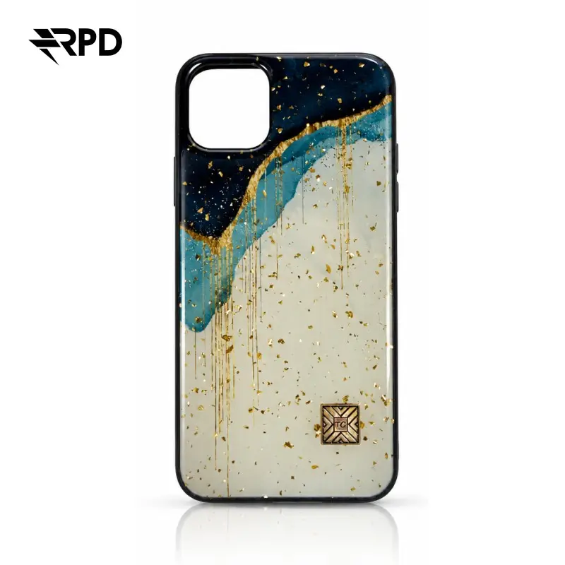 iPhone 14 Plus - TC Case D52 Hülle Golden Wave, Blau-Weiss mit goldenen Akzenten